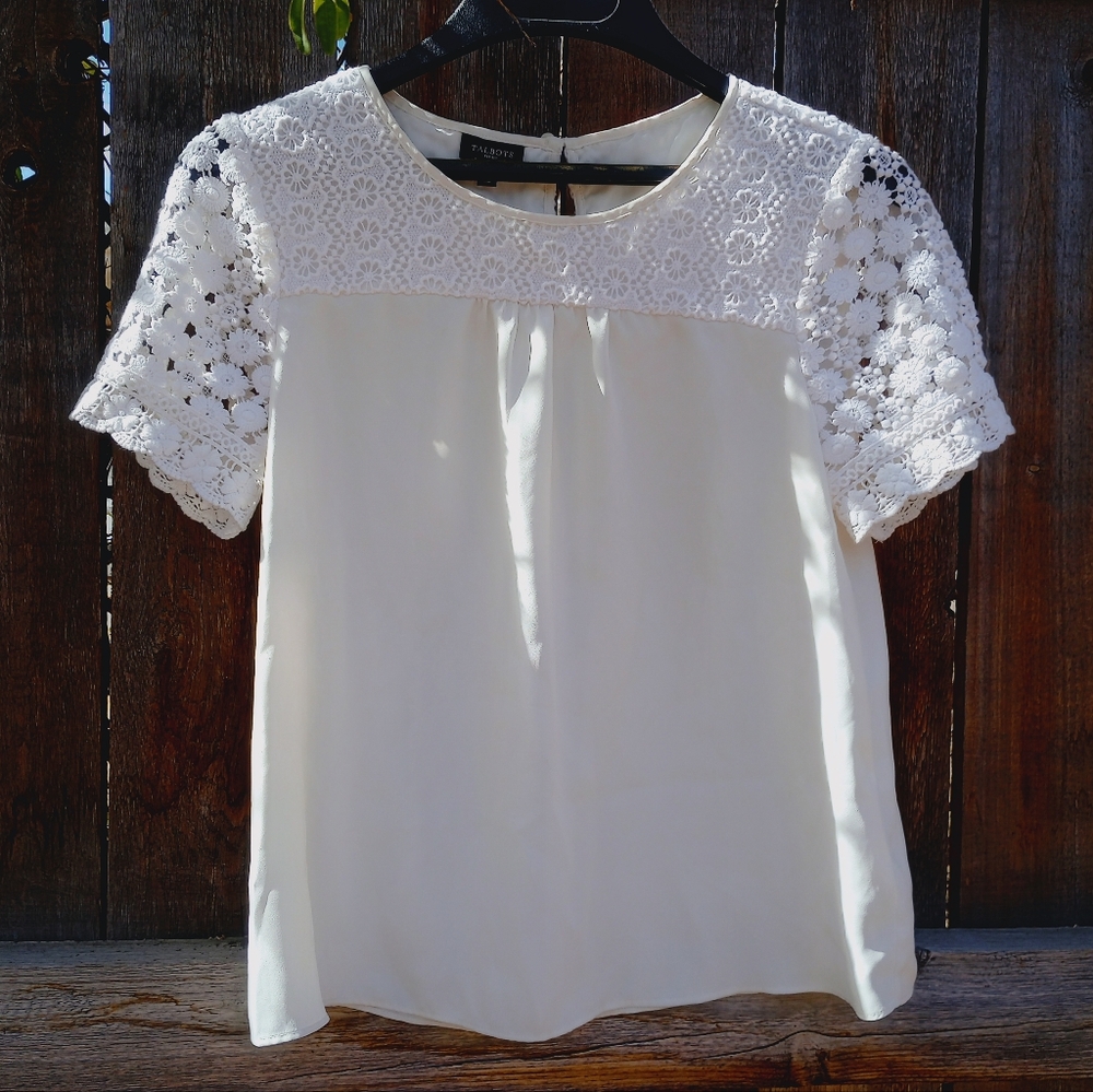 Talbots Cream Lace Sleeve White Blouse Size MP
